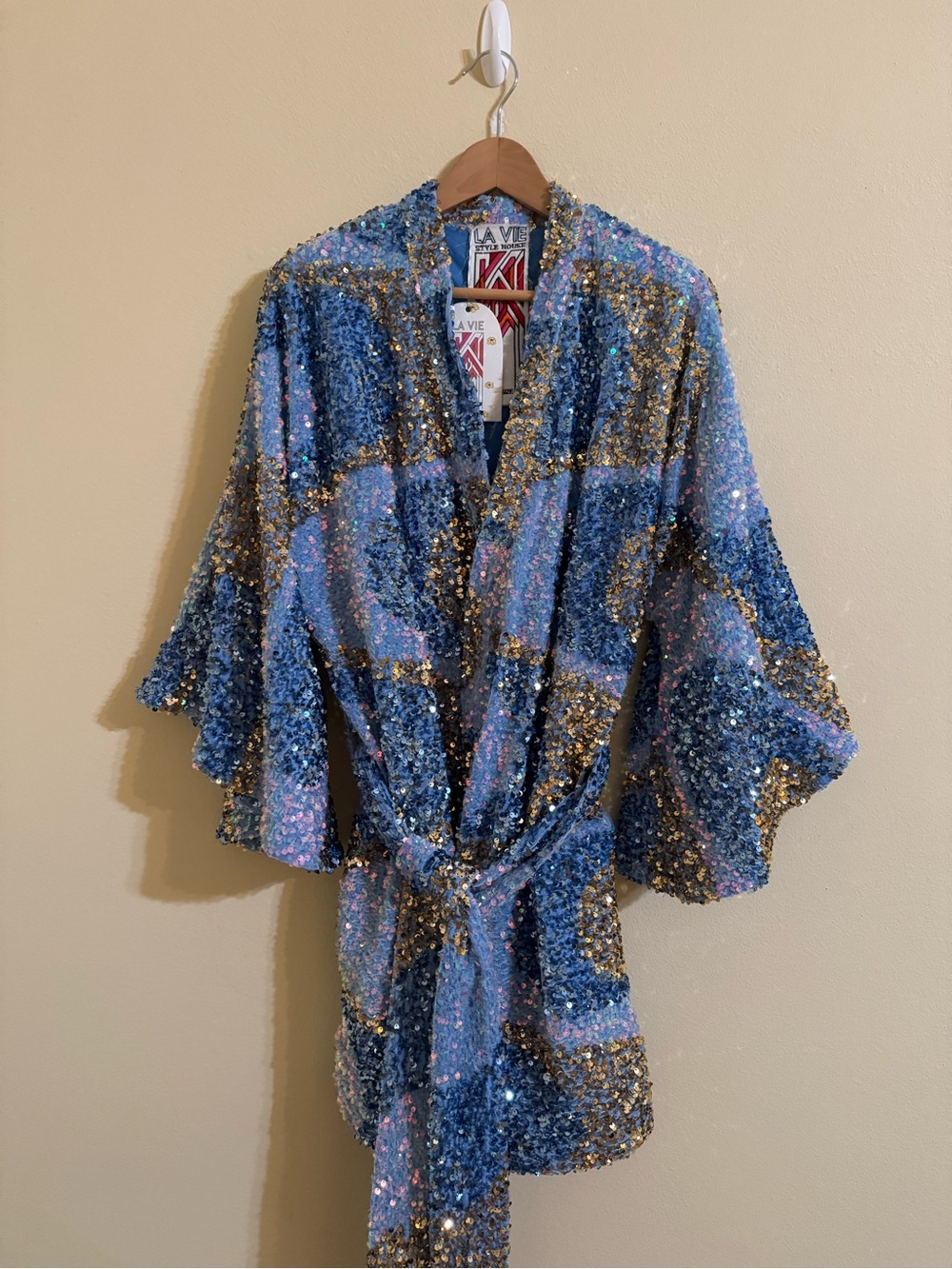La Vie Style House New Sequin Mini Wrap Dress Blue Velvet One Size